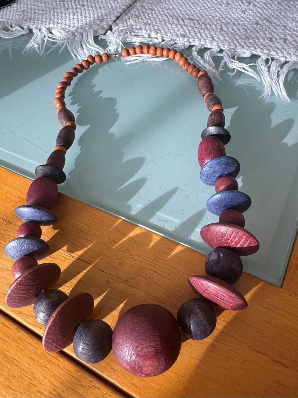 Handcrafted Wooden Bead Necklace - Burgundy and Navy Vintage